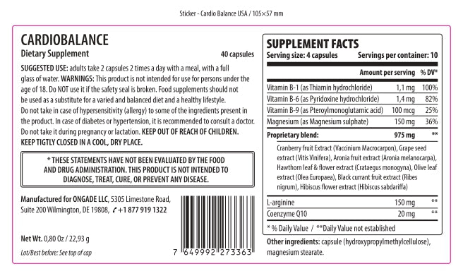 Cardiobalance dietary supplement label with supplement facts and product details.