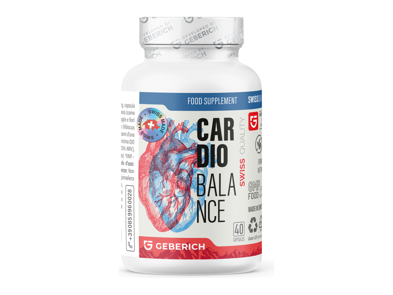Supplement bottle labeled 'Cardio Balance' by Geberich on a white background